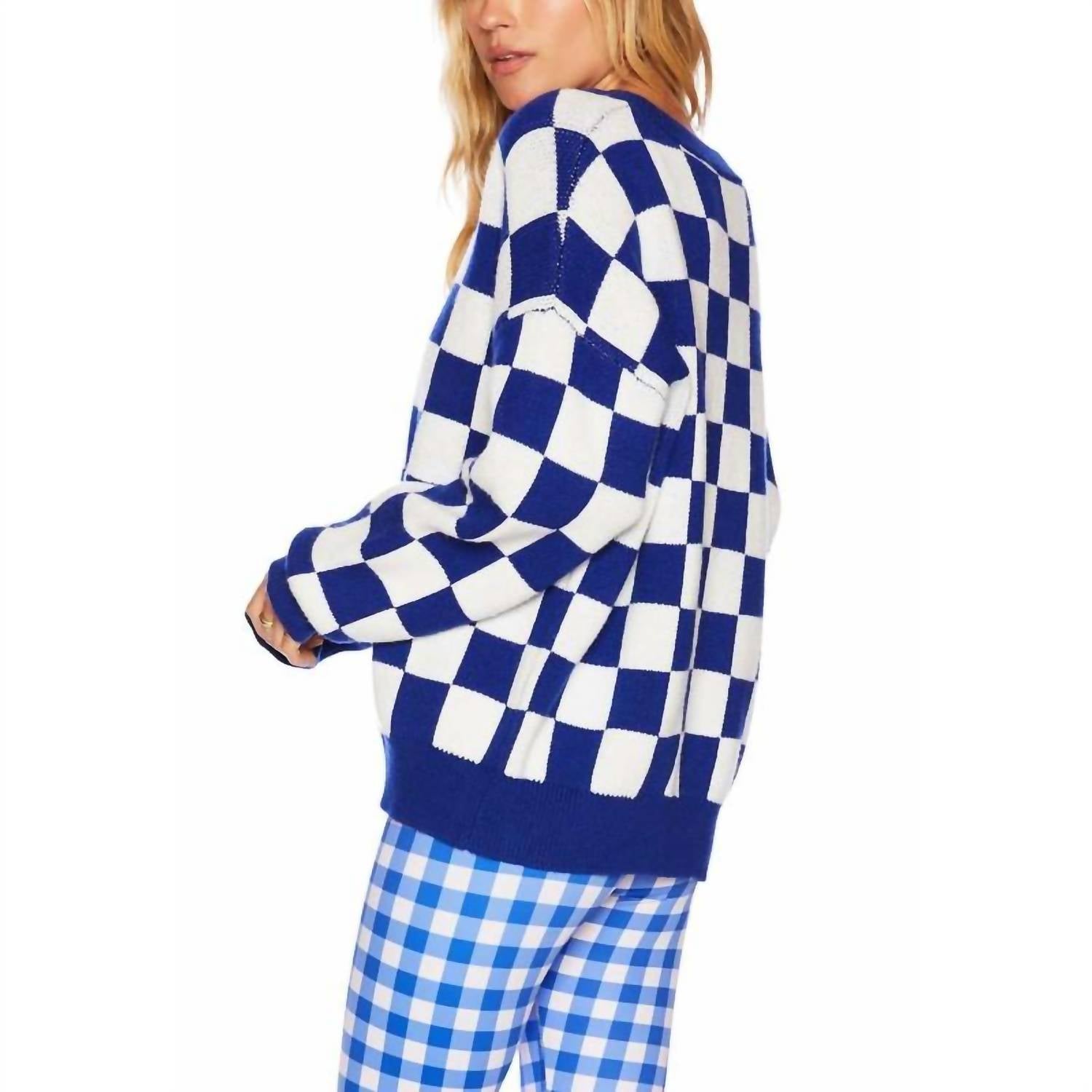 Beach Riot Joey V-neck Sweater in dazzling check - women's cardigan - detail view