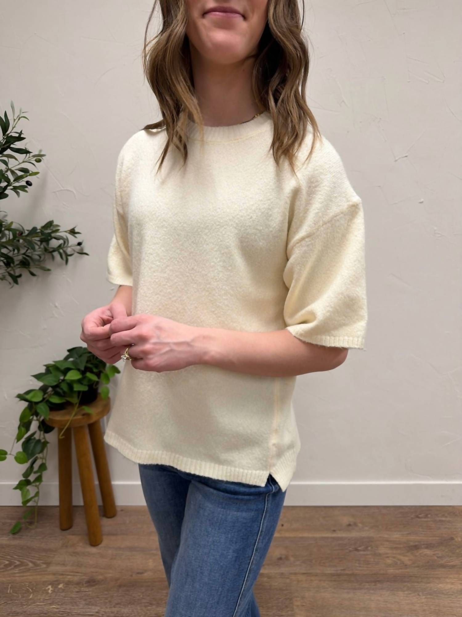 AEMI + CO Short Sleeve Knit Sweater in cream - women's t-shirt - alternate view