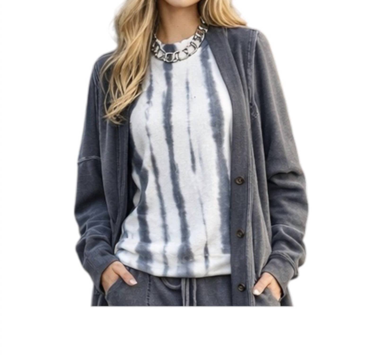 Wearables Isolde Mock Neck Sleeveless Top in gray white tie dye - women's tank top - detail view