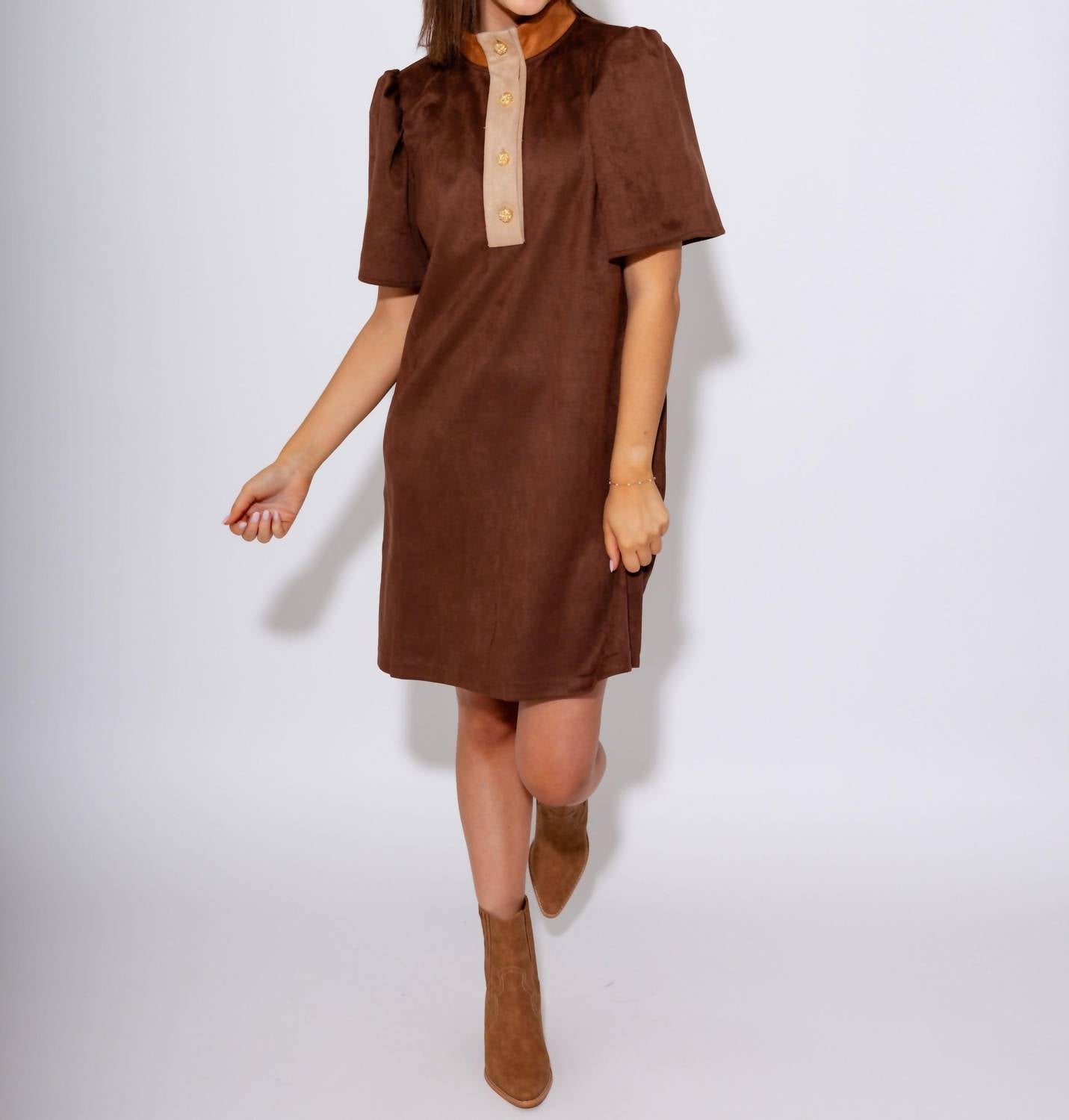 THML The Braided Button Suede Mini Dress in brown - women's dress - view 4