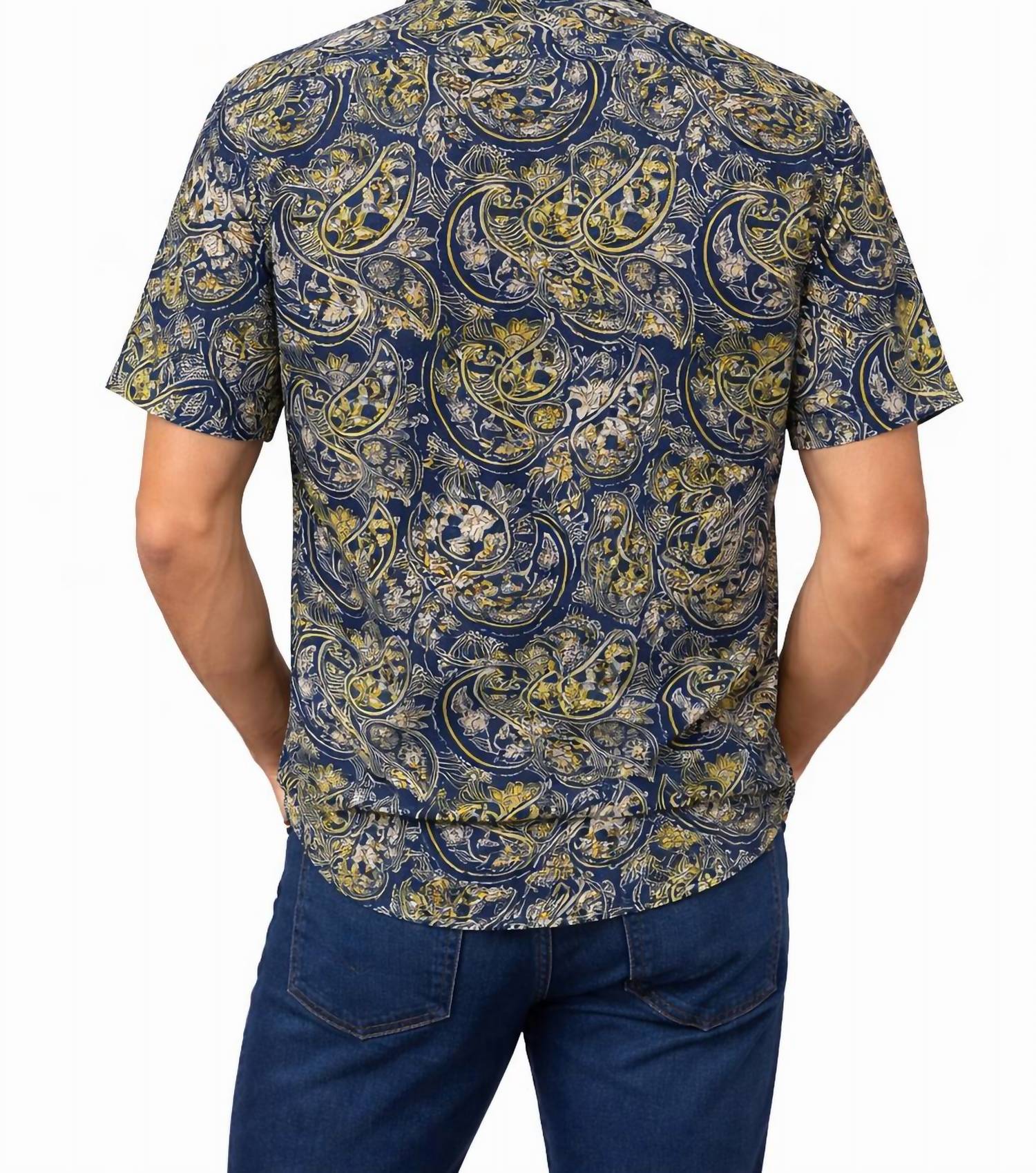 R-Options Paisley Batik Short Sleeve Button Up Shirt in multi color - men's t-shirt - detail view