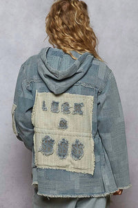 Pol - Raw Hem Drawstring Zip Up Hooded Denim Jacket
