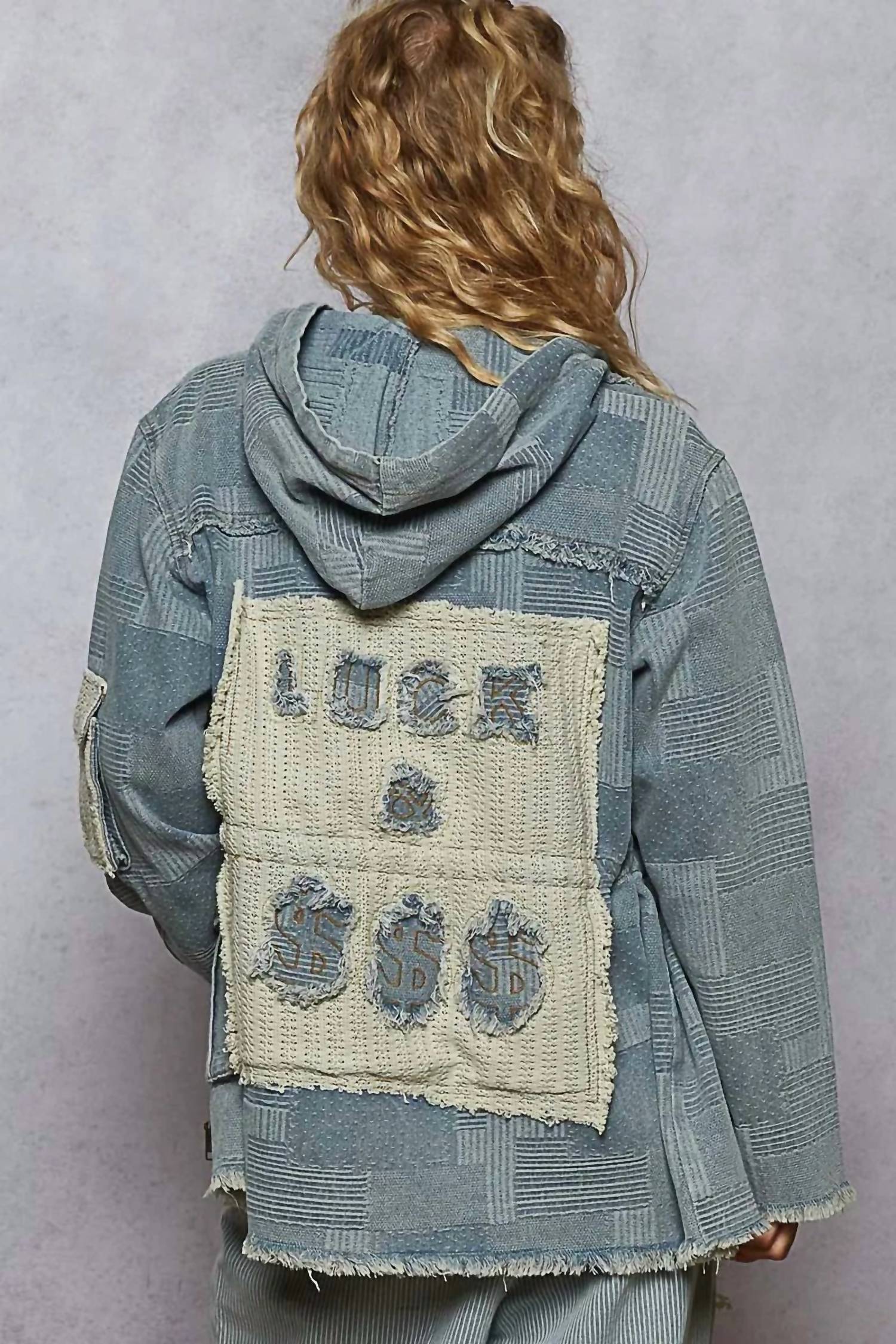 Pol - Raw Hem Drawstring Zip Up Hooded Denim Jacket