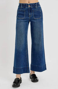 Risen - Elastic Band Crop Wide Ruffle Band Jeans