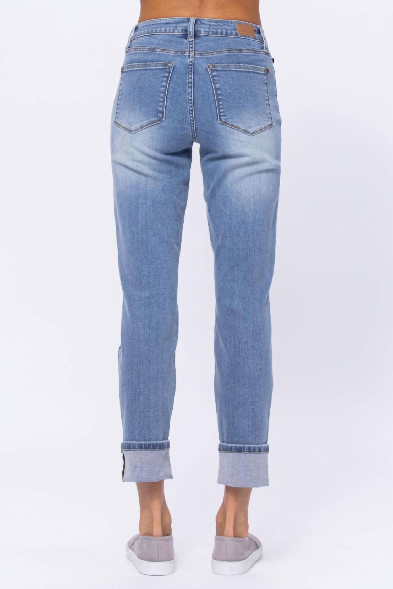 Judy Blue Hi Waist Vintage Wash Boyfriend Jeans in medium blue - women's jeans - detail view
