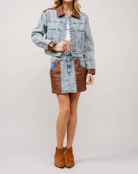 Blue B - Faux Leather Color Block Denim Jacket