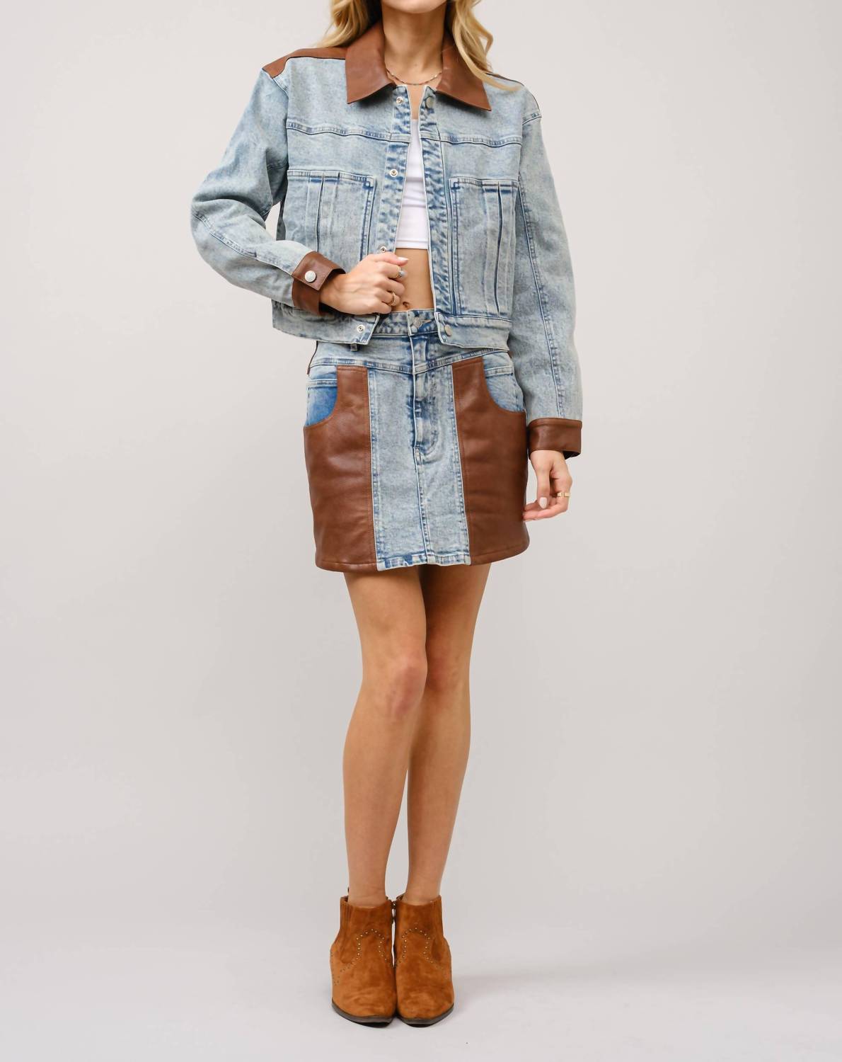 Blue B - Faux Leather Color Block Denim Jacket