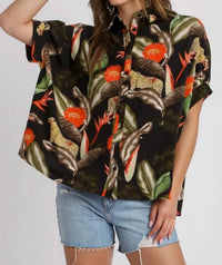 umgee Jungle Muse Button Down Top in black multi - women's blouse