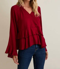 Gilli - Notch Neck Long Sleeve Ruffle Hem Top