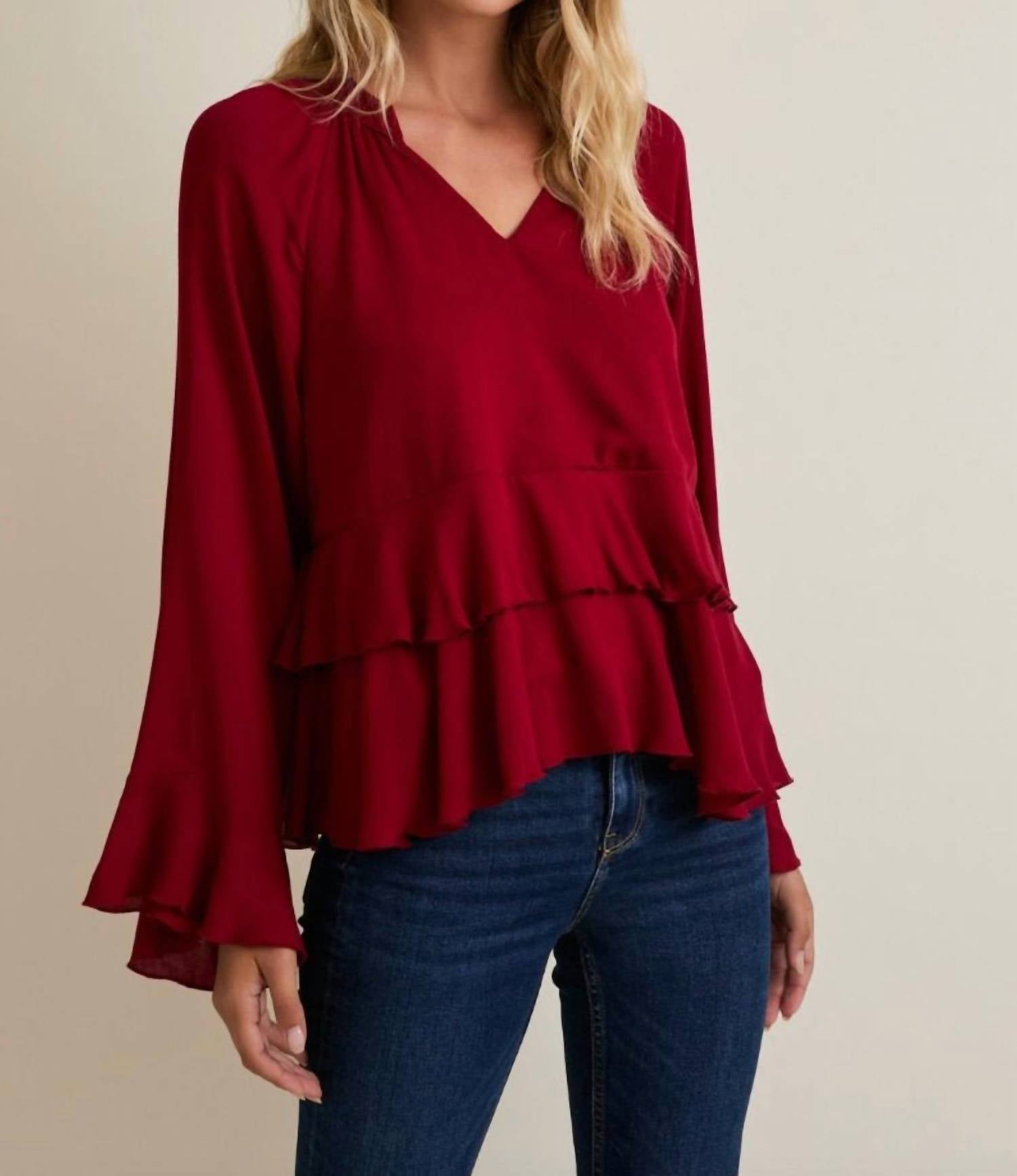 Gilli - Notch Neck Long Sleeve Ruffle Hem Top