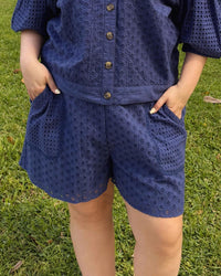 EMILY LOVELOCK Women's Nova Broderie Anglaise Shorts in blue - women's shorts