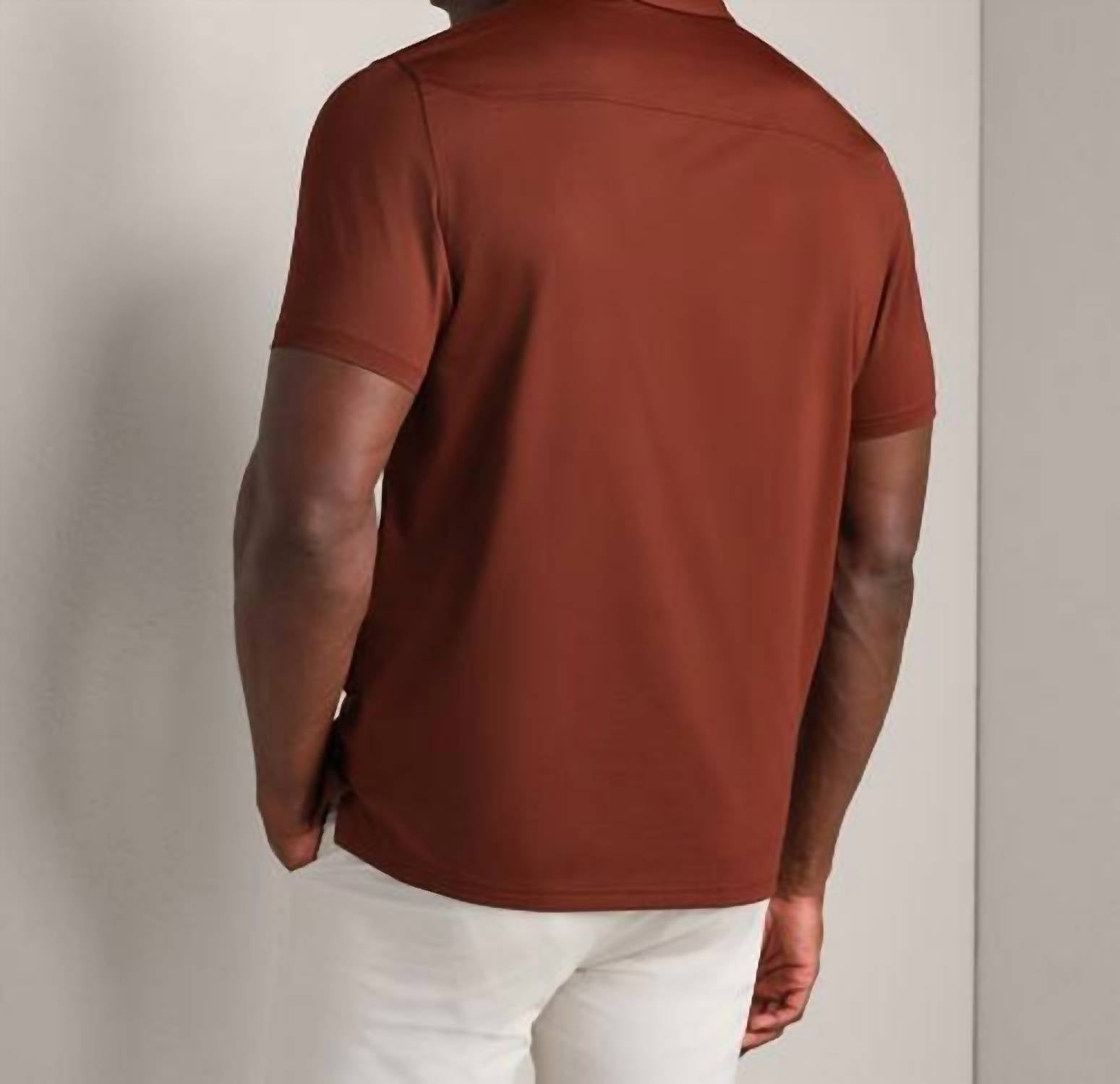 RHONE Commuter Short Sleeve Polo in cinnamon red - men's shirt - detail view