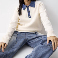Urban Daizy Denim Polo Collar Sweater in ivory - women's top