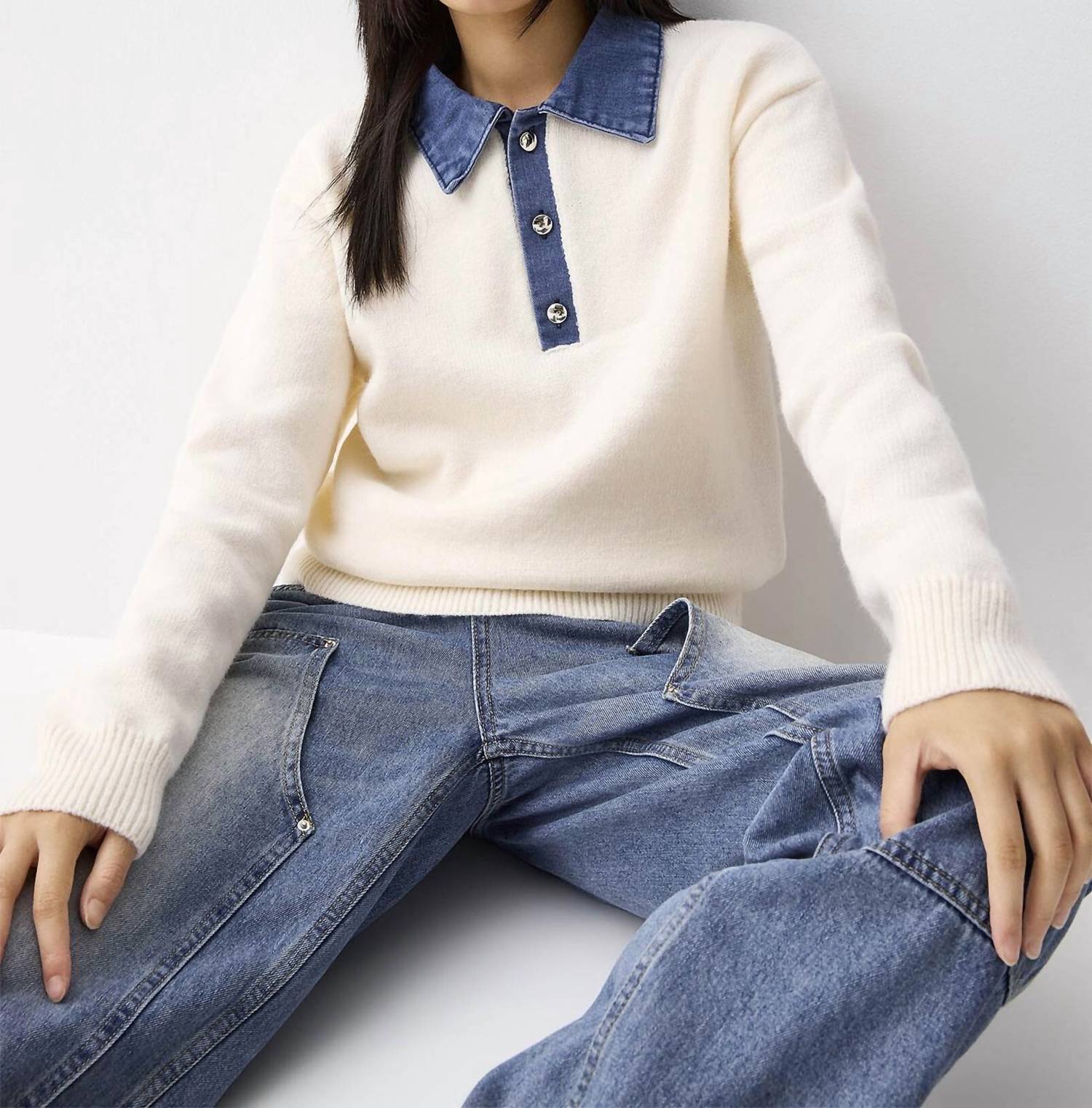 Urban Daizy Denim Polo Collar Sweater in ivory - women's top