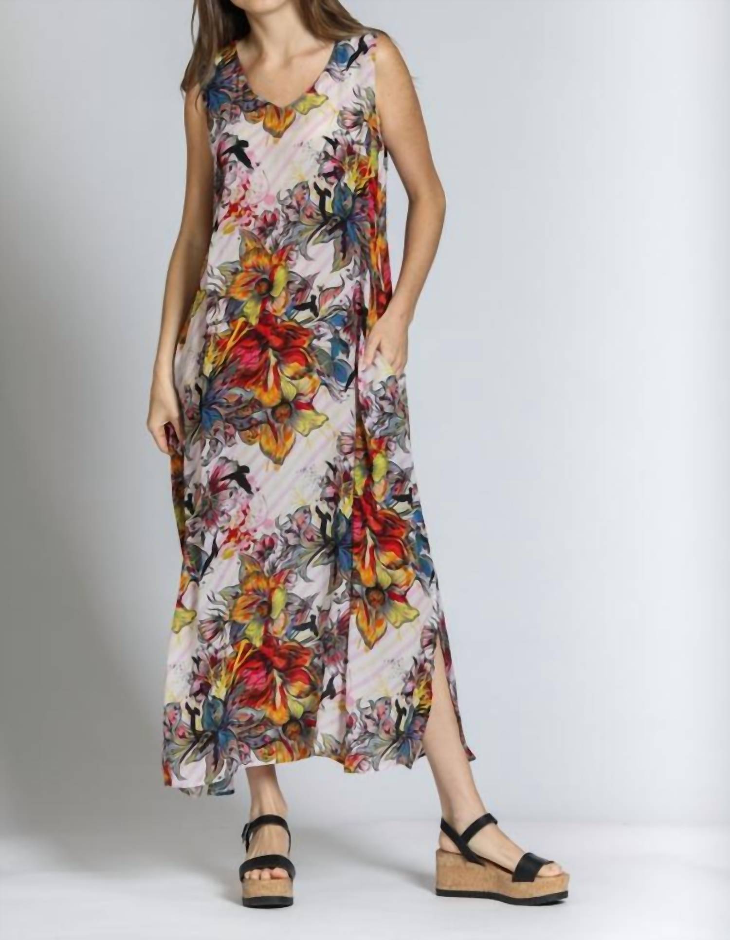 APNY V-neck Tank Long Dress in yellow red multi - women's dress