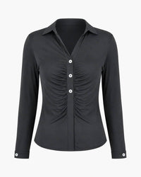 Zenana - Ruched Button-front Collared Top