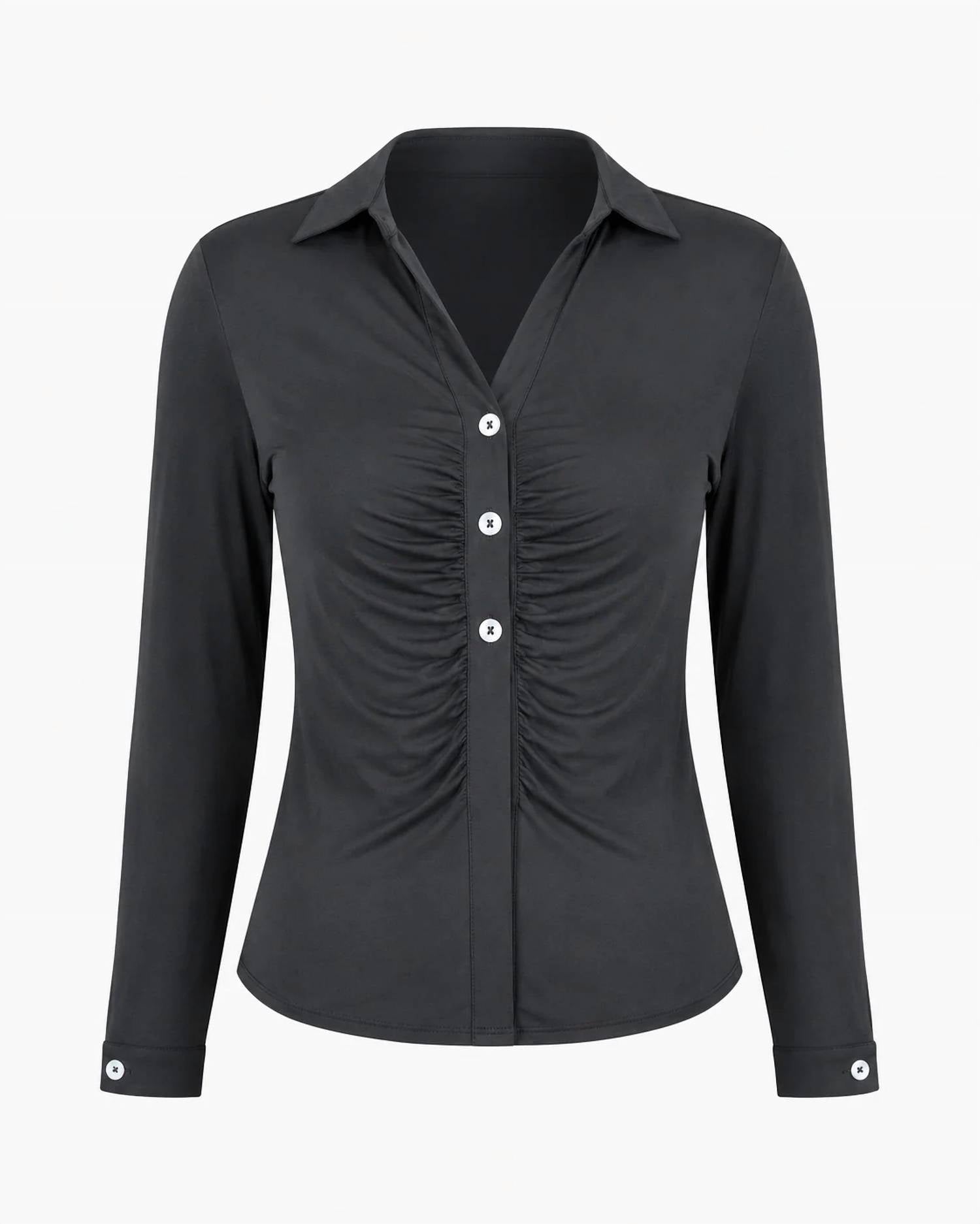 Zenana - Ruched Button-front Collared Top