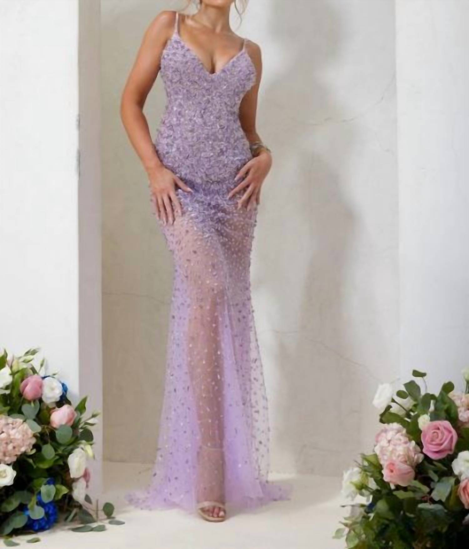 Terani Couture - Plunging Neckline Bodycon Sleeveless Tulle Long Prom Dress