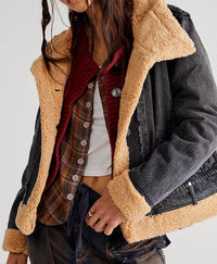 We The Free Rylee Denim Moto Jacket in black brown - women's jacket - detail view