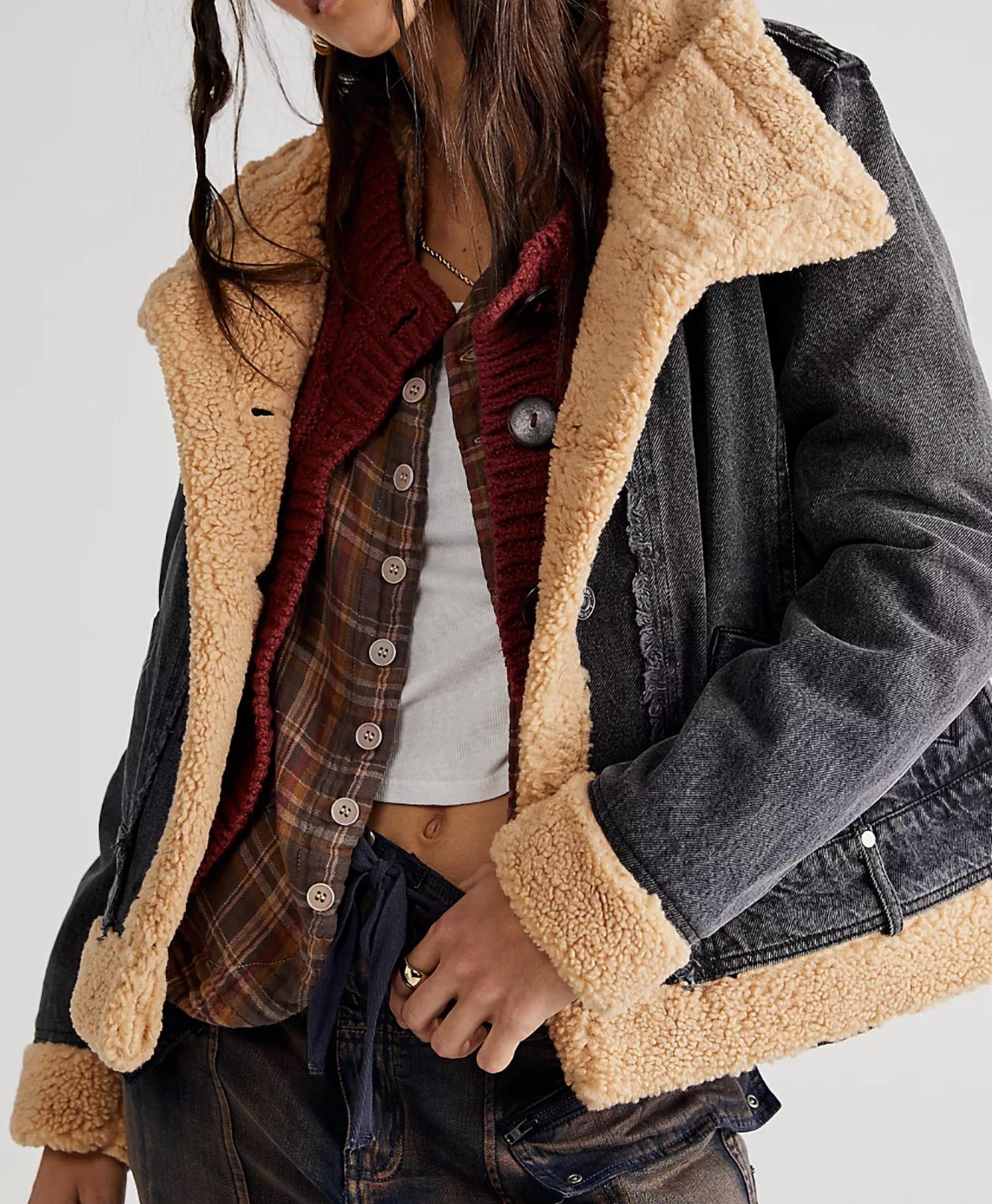 We The Free Rylee Denim Moto Jacket in black brown - women's jacket - detail view