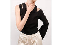 Ina Fashion - Round Neck Asymmetrical Sleeve Cut-out Crop Top