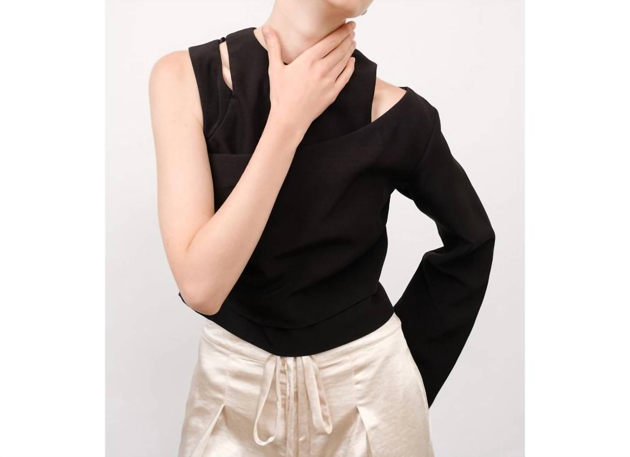 Ina Fashion - Round Neck Asymmetrical Sleeve Cut-out Crop Top