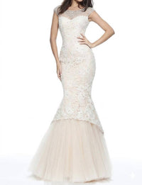 Sherri Hill Lace Beaded Illusion Neck Mermaid Gown in ivory - women's dress