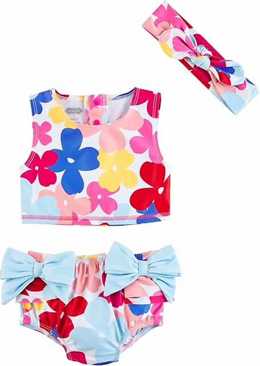 Mudpie - Girl's Floral Bow 2 pc Swimsuit With Headband