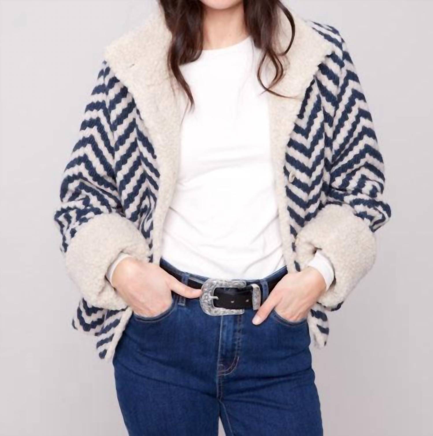 Charlie B - Chevron Bouclé Sherpa Trim Short Jacket