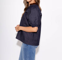 THML Split Neck Suede Ruffle Denim Top in navy - women's blouse - view 4