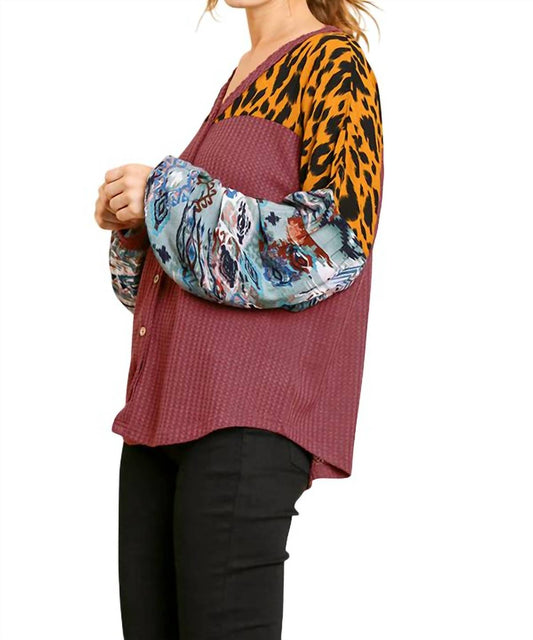 Umgee - Animal & Aztec Waffle Knit Top