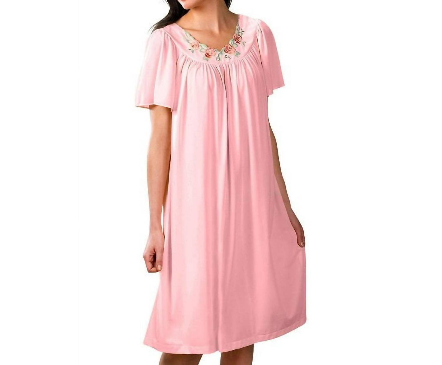 Shadowline Lingerie - Short Gown With Flower Petal Embroidery And Flutter Sleeves