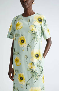Oscar De La Renta - Short Sleeve Jewel Neck Poppies Cotton Poplin Shift Dress
