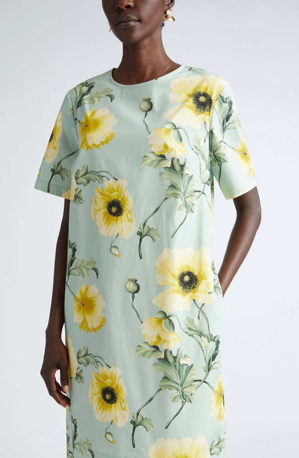 Oscar De La Renta - Short Sleeve Jewel Neck Poppies Cotton Poplin Shift Dress