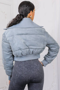 Surelymine - Keep Up With Me Crop Corduroy Full Zipper Puffer Jacket