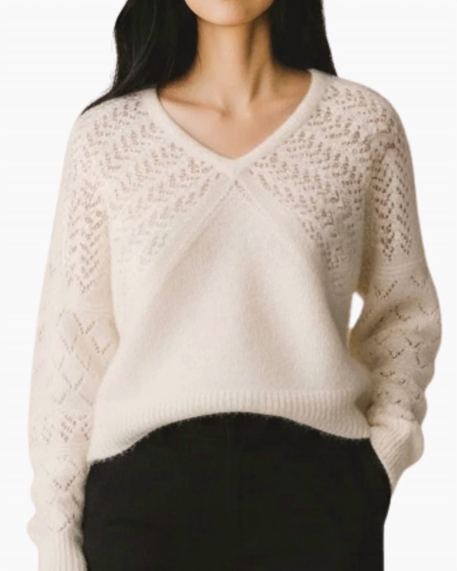 Autumn Cashmere - Fancy Pointelle Stitchery Dolman V Neck Sweater
