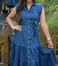 Blue B - Women's Dakota Belted Button Up Tiered Denim Midi Dress