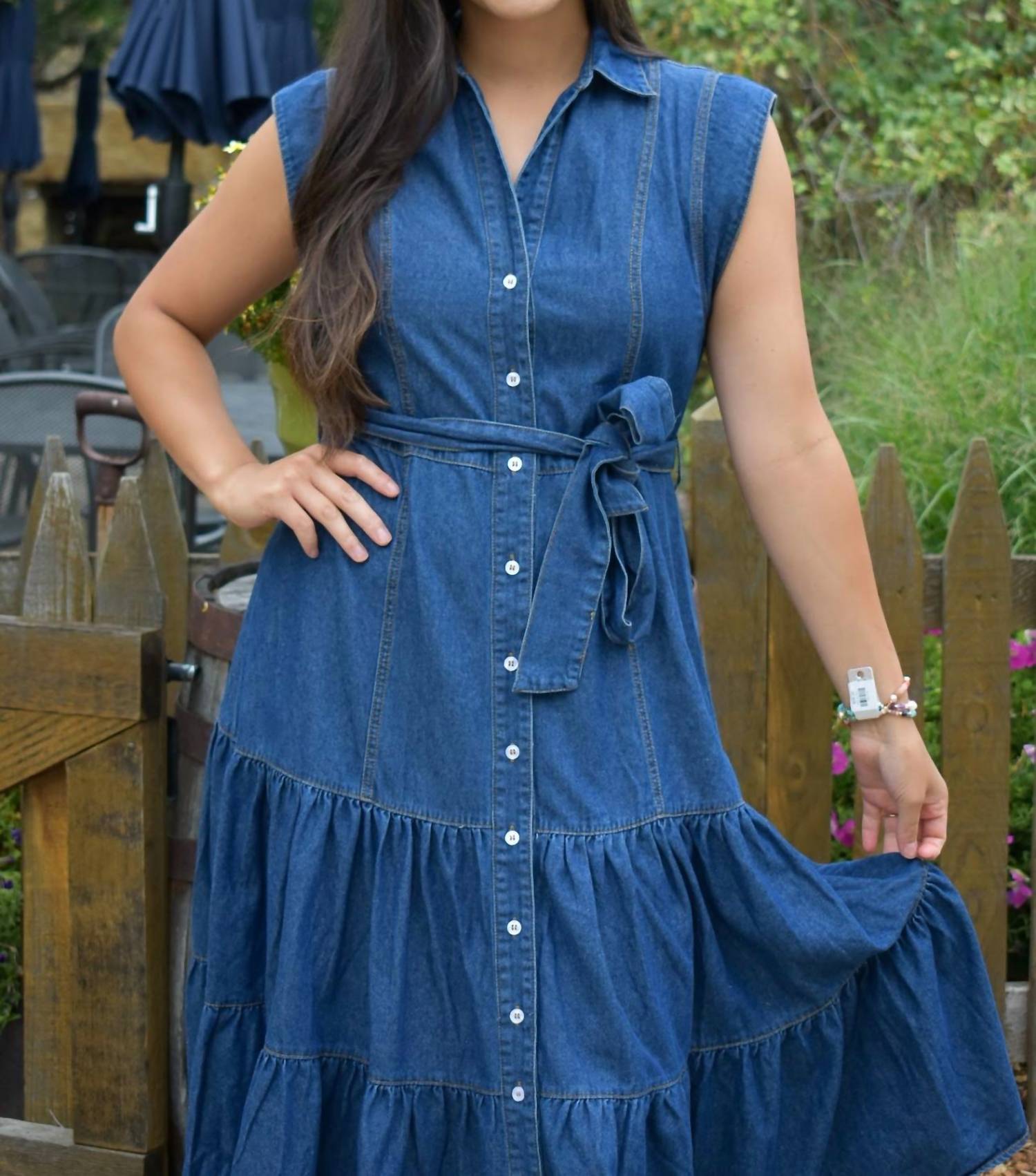 Blue B - Women's Dakota Belted Button Up Tiered Denim Midi Dress