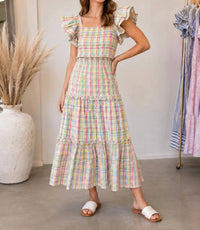 Anniewear - Gingham Check Flutter Sleeve Tiered Midi Dress