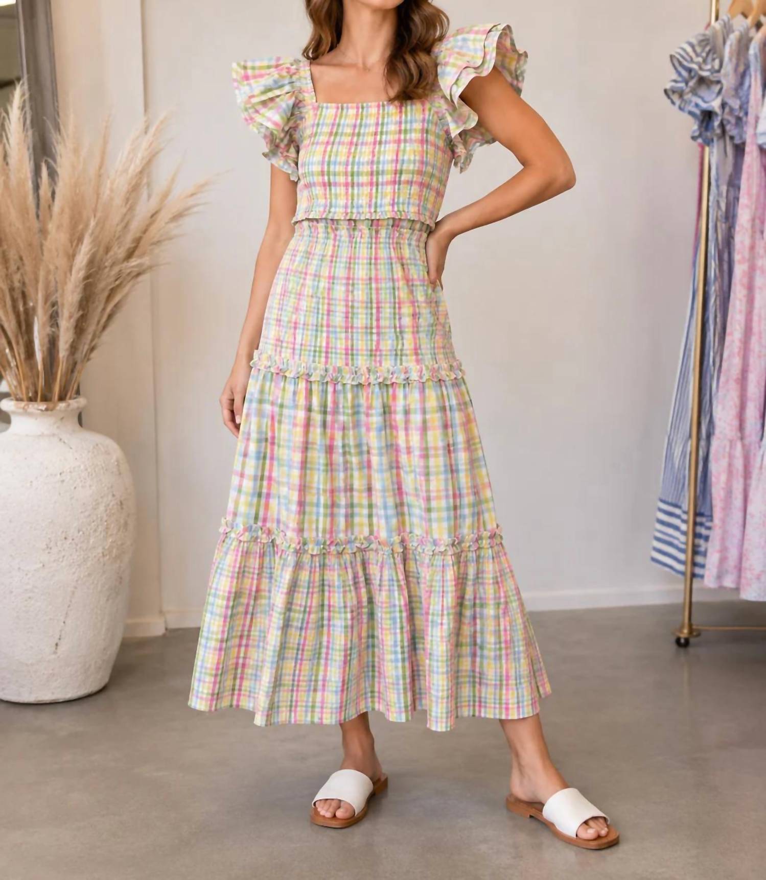 Anniewear - Gingham Check Flutter Sleeve Tiered Midi Dress