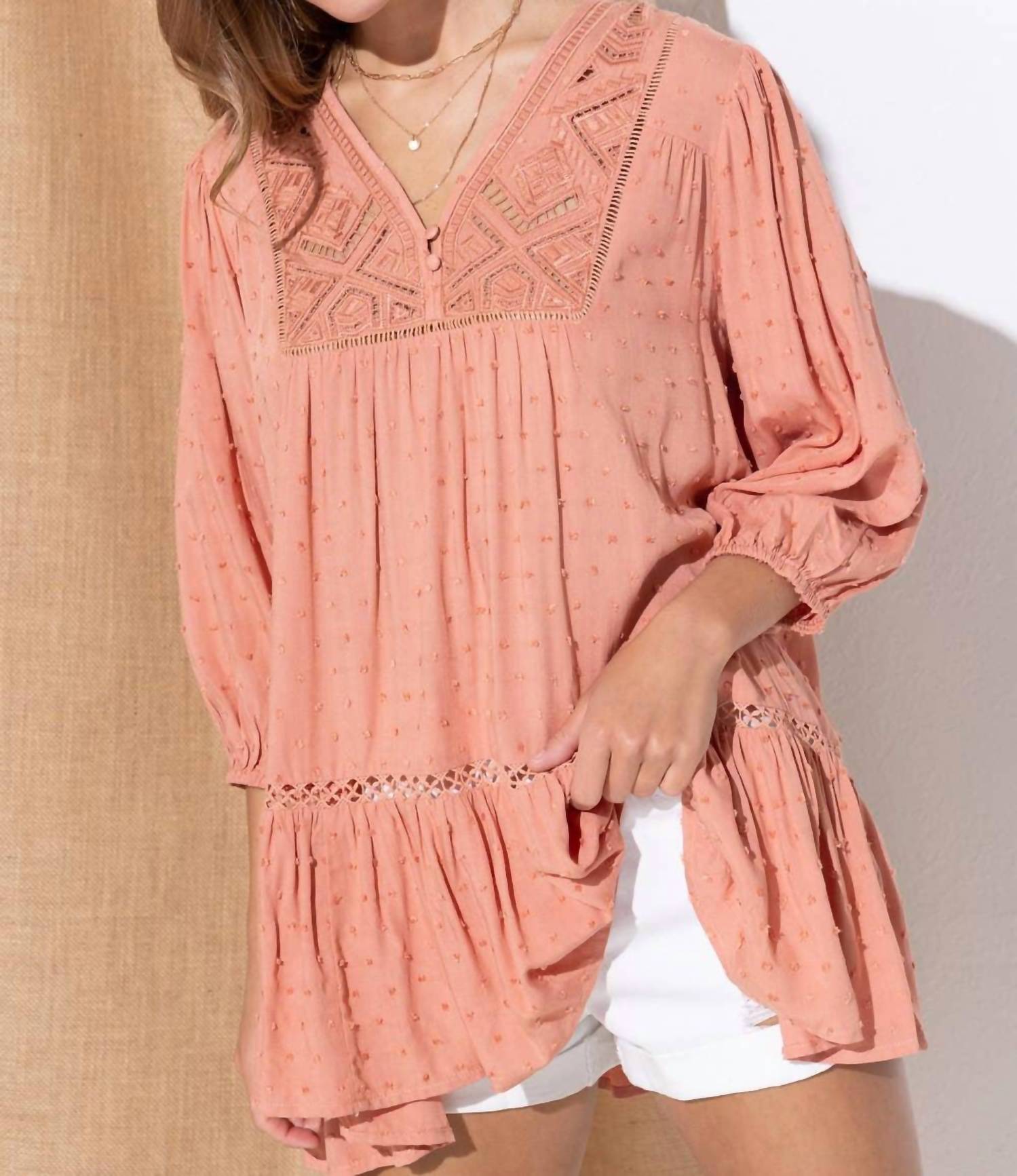 Blue B - Dot Challis Embroidered Peplum Top