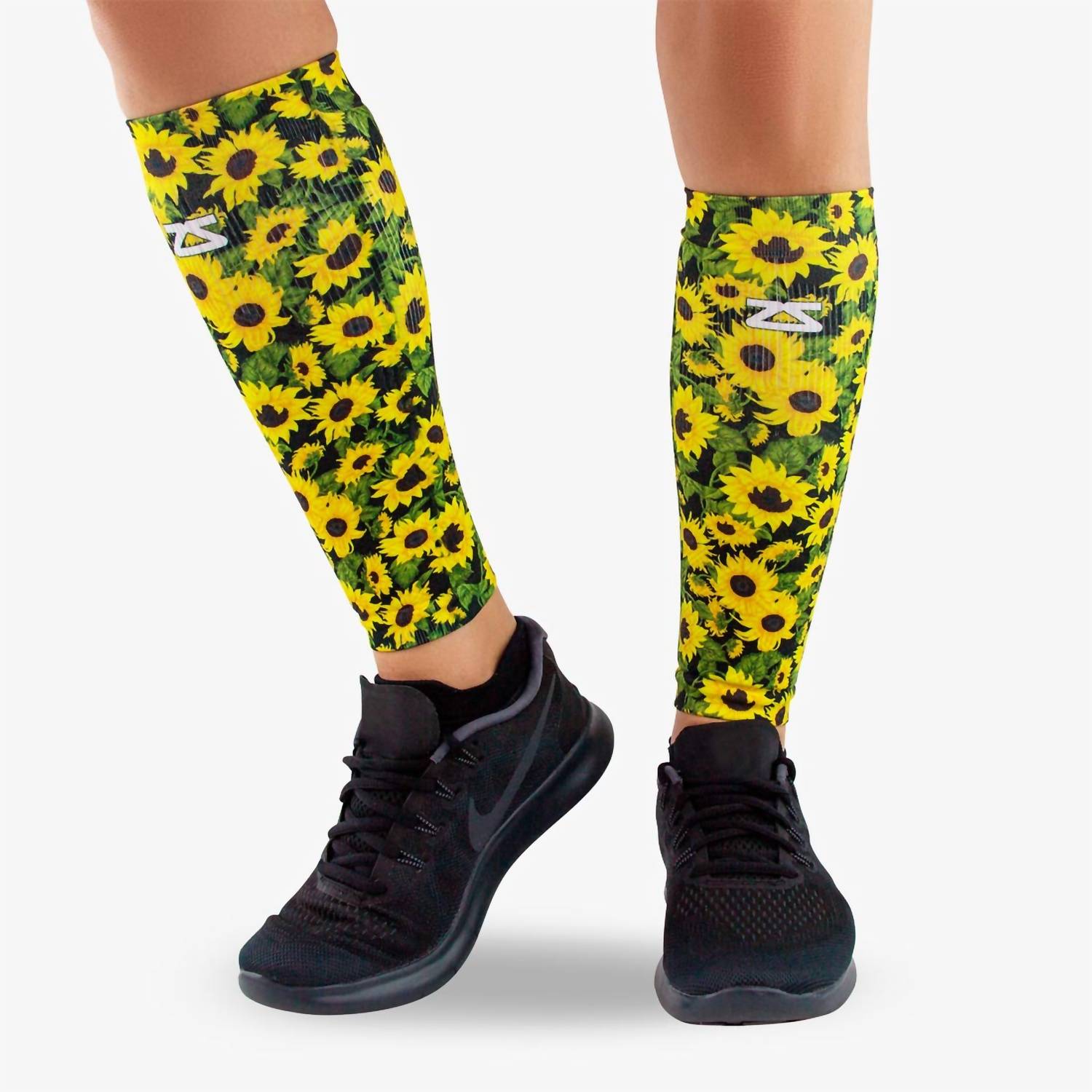 Zensah Print Compression Leg Sleeves in sunflowers black - women's accessory - detail view