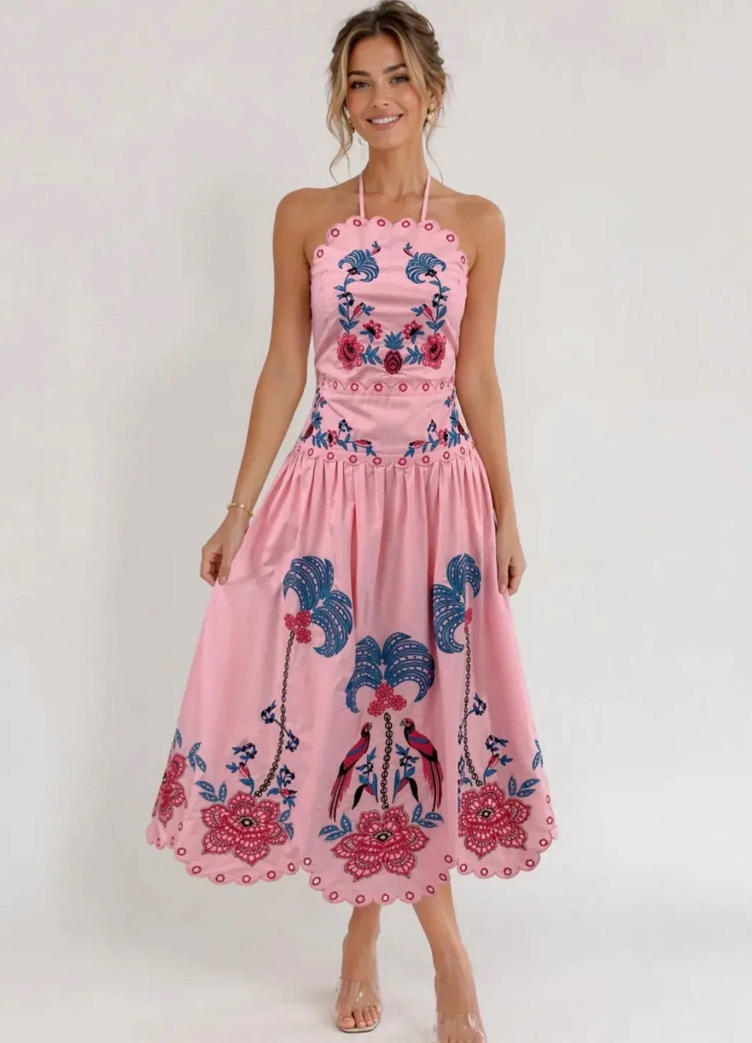 Fate - Linen Blend Scalloped Edge Embroidered Dress