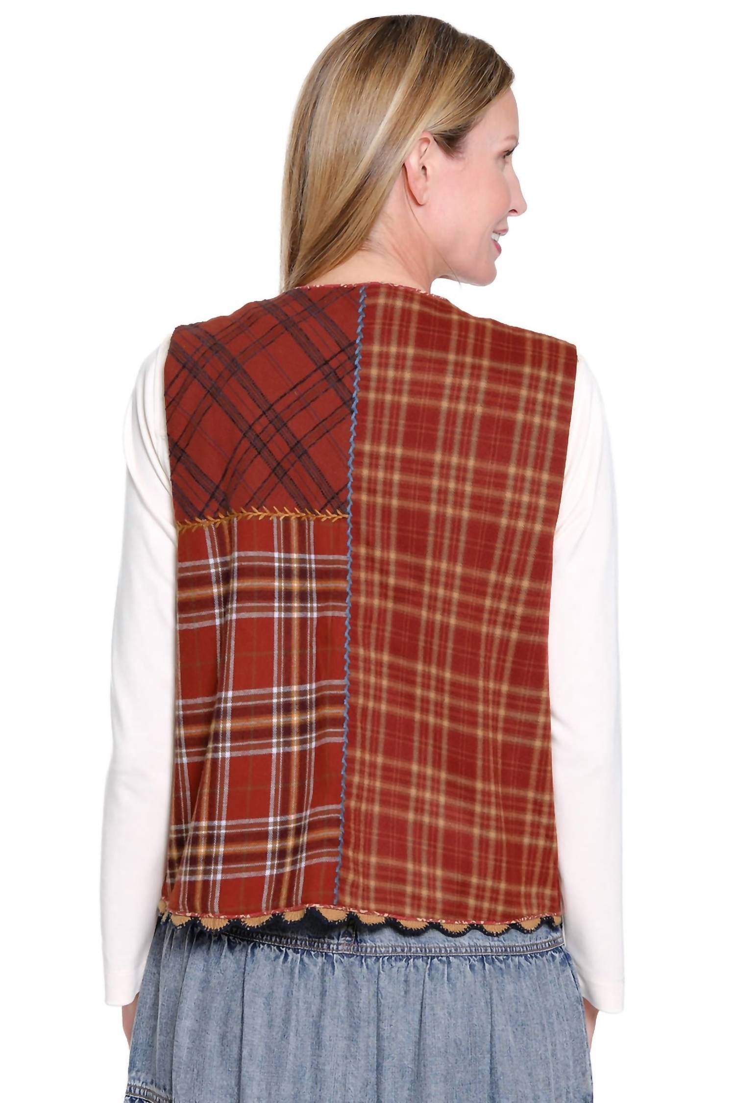 John Mark - Embellished Velvet Vest With Plaid Patched Back