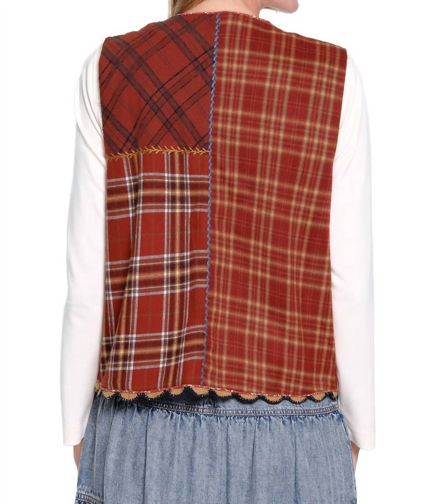 John Mark - Embellished Velvet Vest With Plaid Patched Back