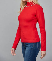 Fate Pearl Trim Turtleneck Sweater in red - women's sweater - alternate view