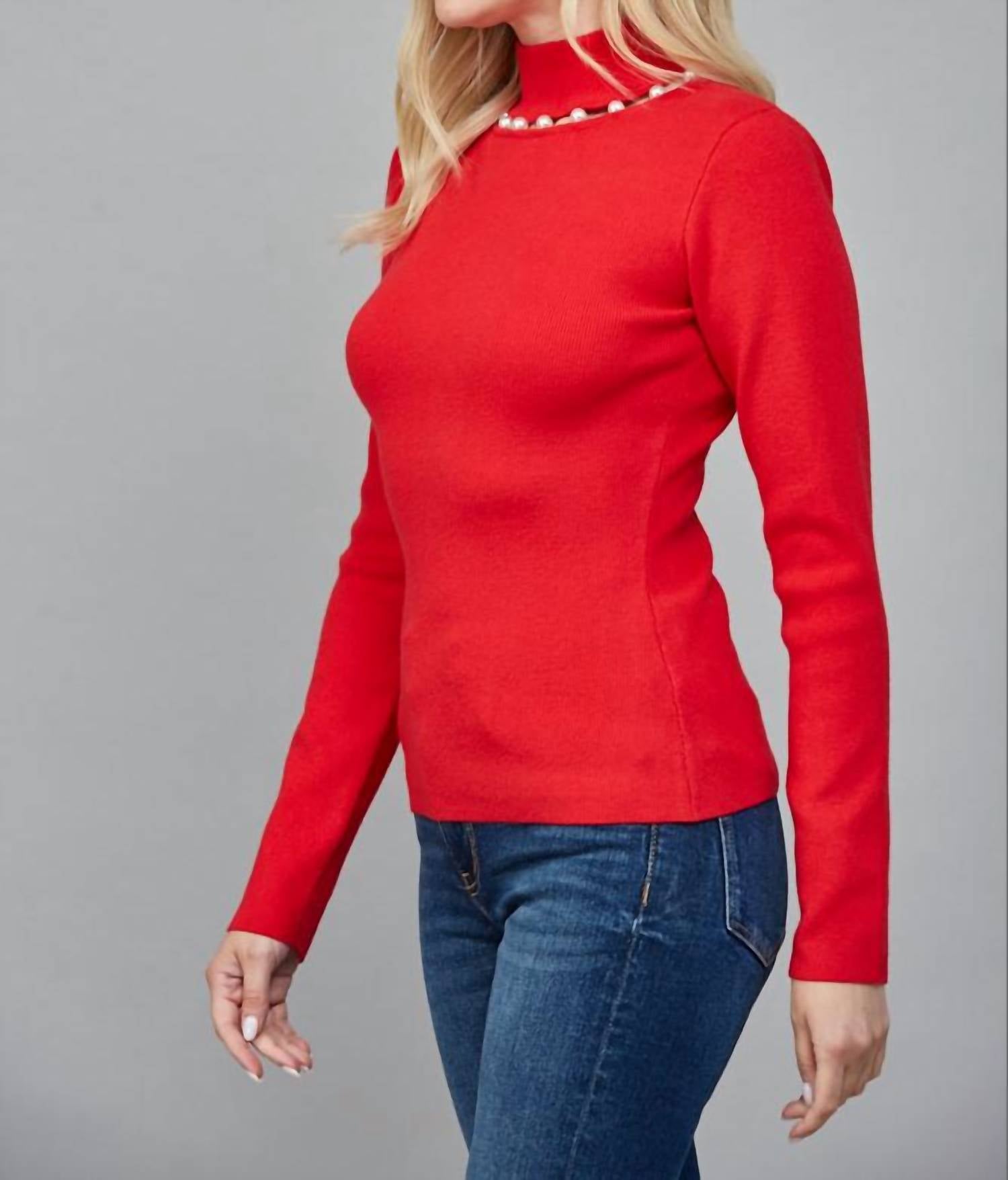 Fate Pearl Trim Turtleneck Sweater in red - women's sweater - alternate view