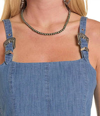 Rock & Roll Denim - Buckle Square Neck Fit-and Flare Denim Dress