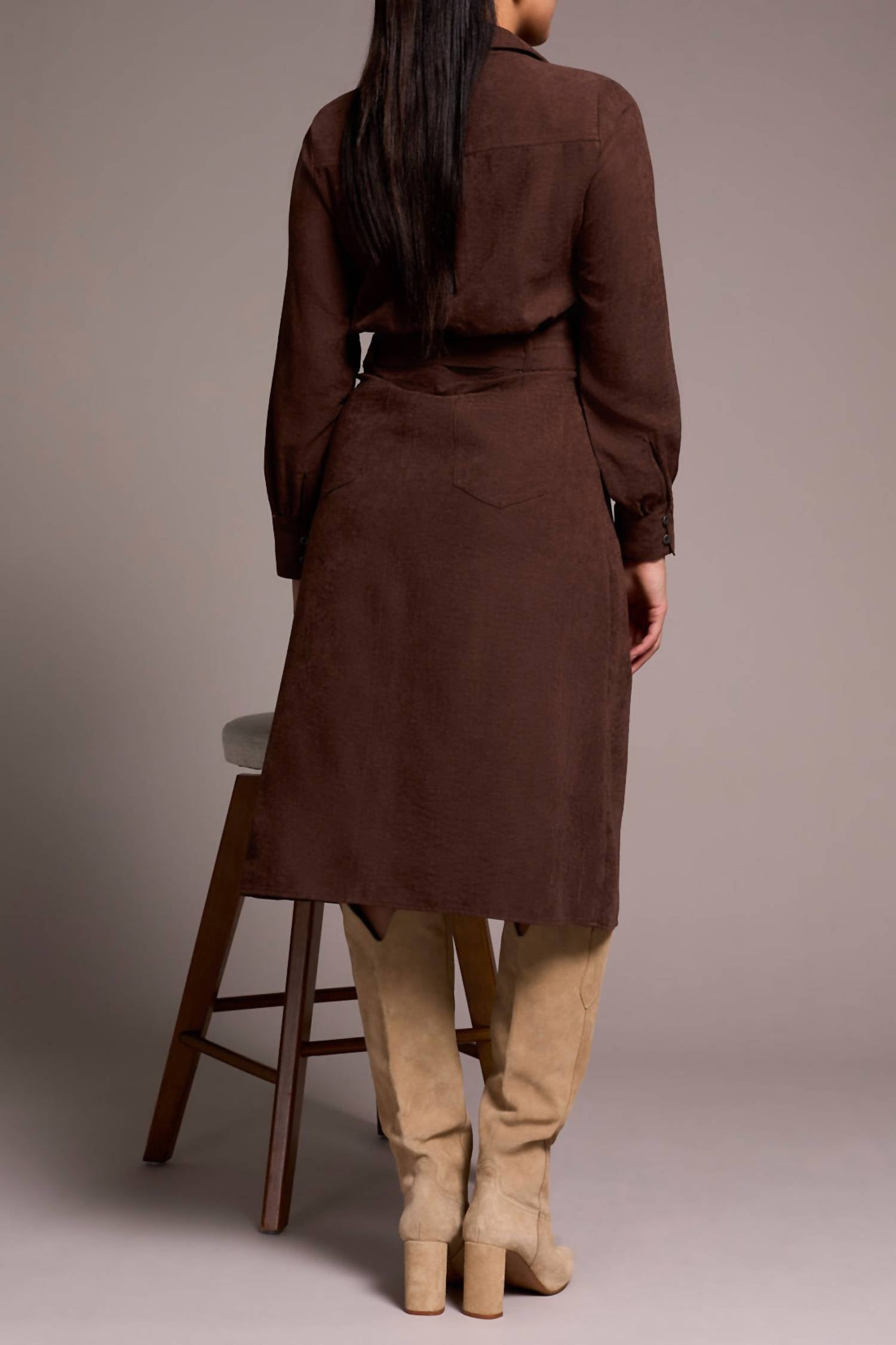 Tribal - Faux Suede Belted Long Sleeve Midi Dress