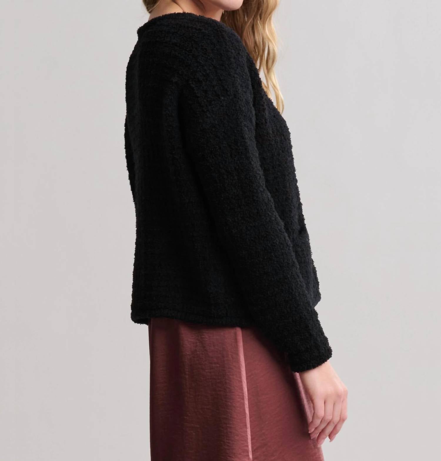 BAREFOOT DREAMS Cozychic Textured Button Front Cardigan in black 1 - women's cardigan - detail view